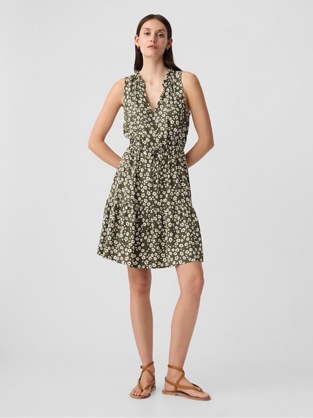 GAP Olive Green Floral V-Neck Tiered Sundress